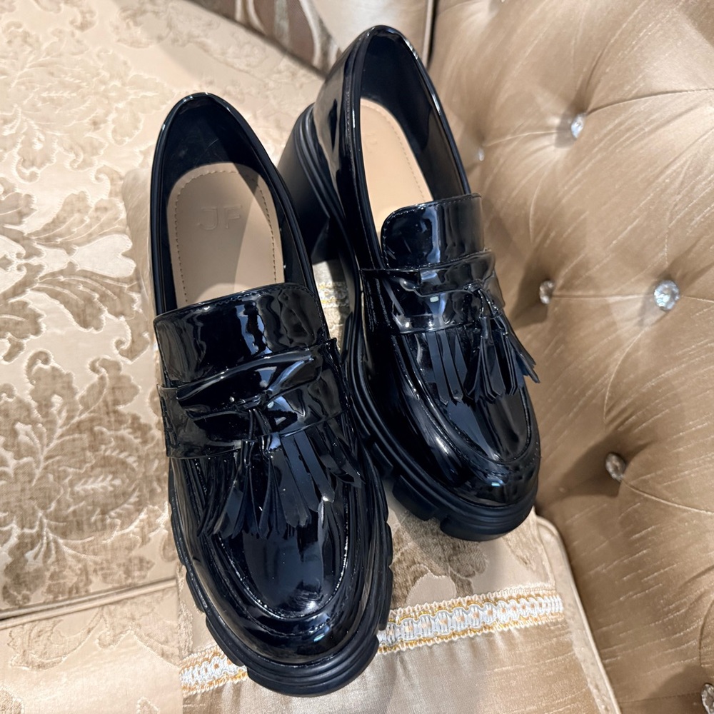 Black Patent Tassel Loafers for Women